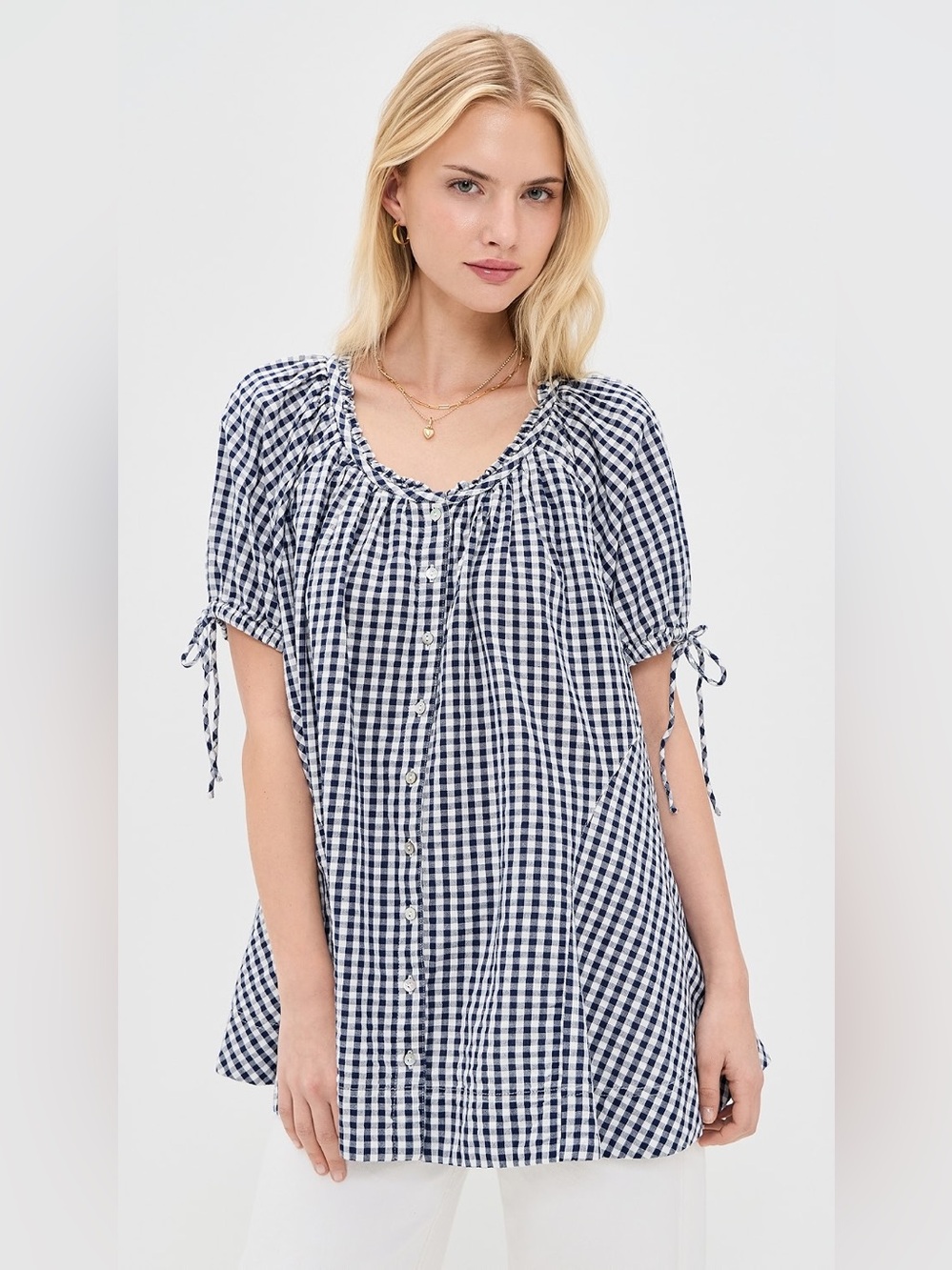 NWT Free People Women's Farley Gingham Tunic 100% Cotton Navy Combo Size Small
